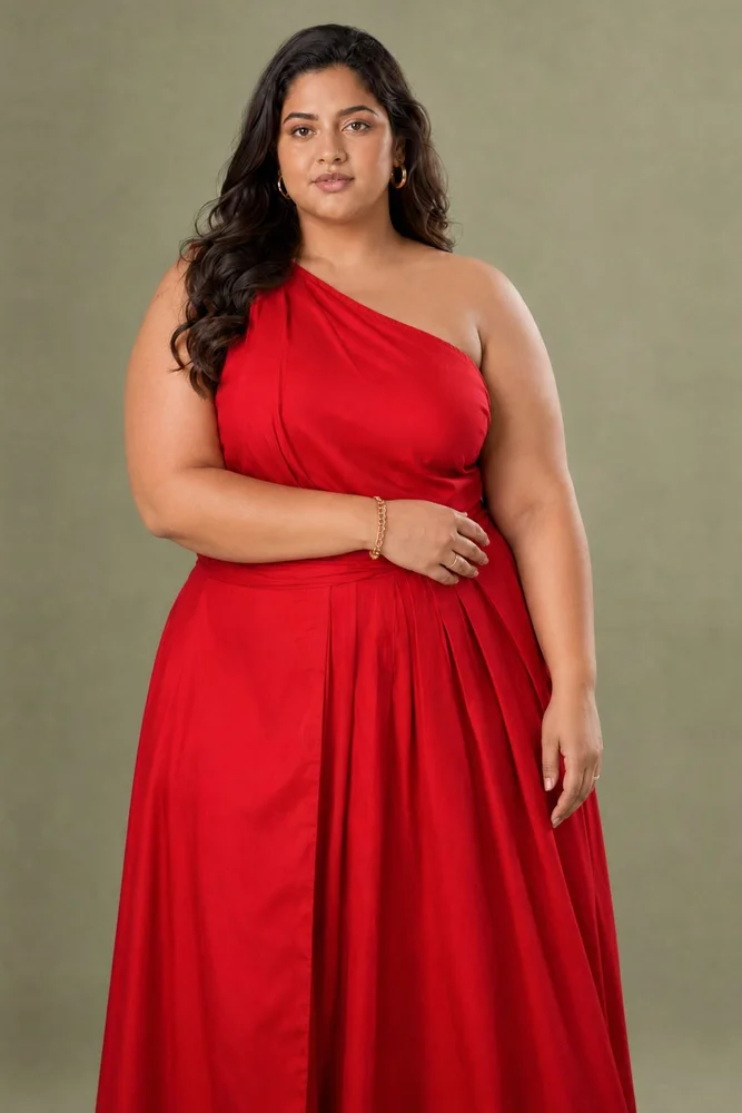 Red Cotton Satin One Shoulder Party Dress 4