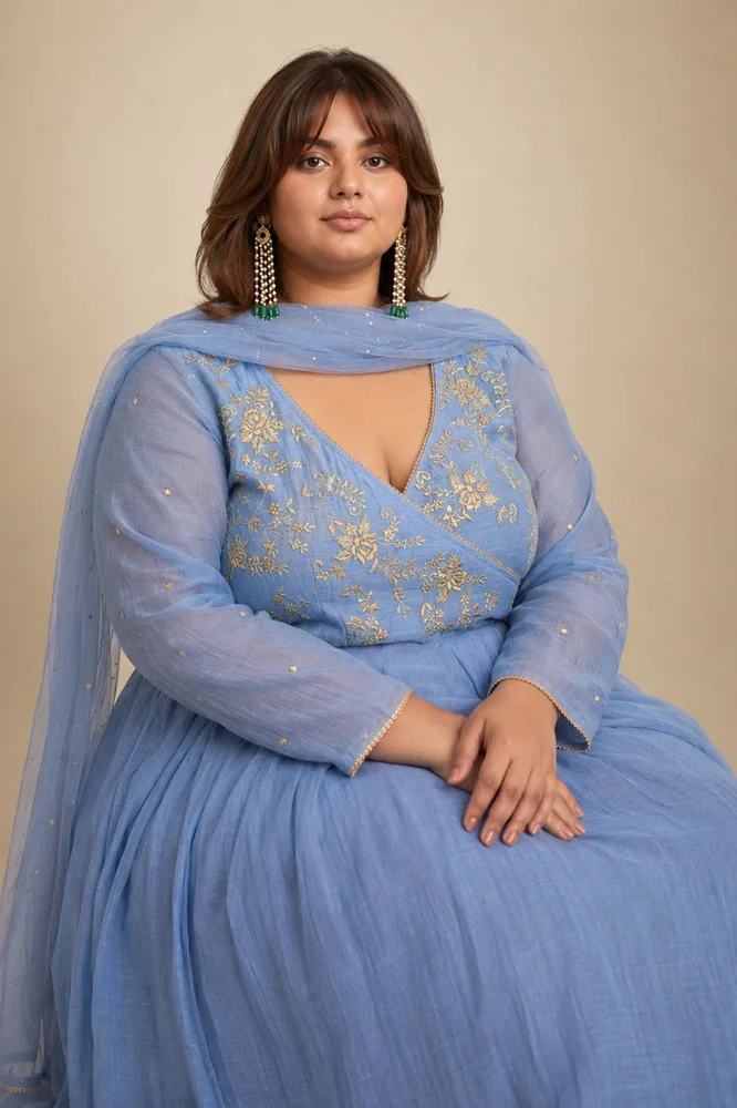 Dusty Blue Angarakha With Embroidered Yoke 2