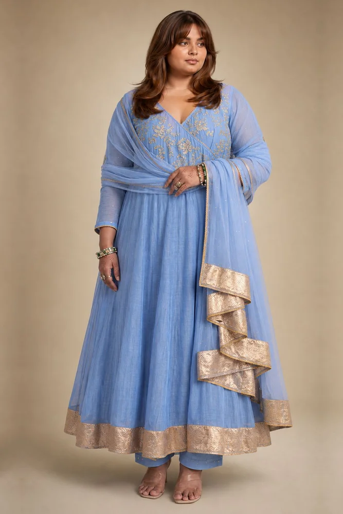 Dusty Blue Angarakha With Embroidered Yoke