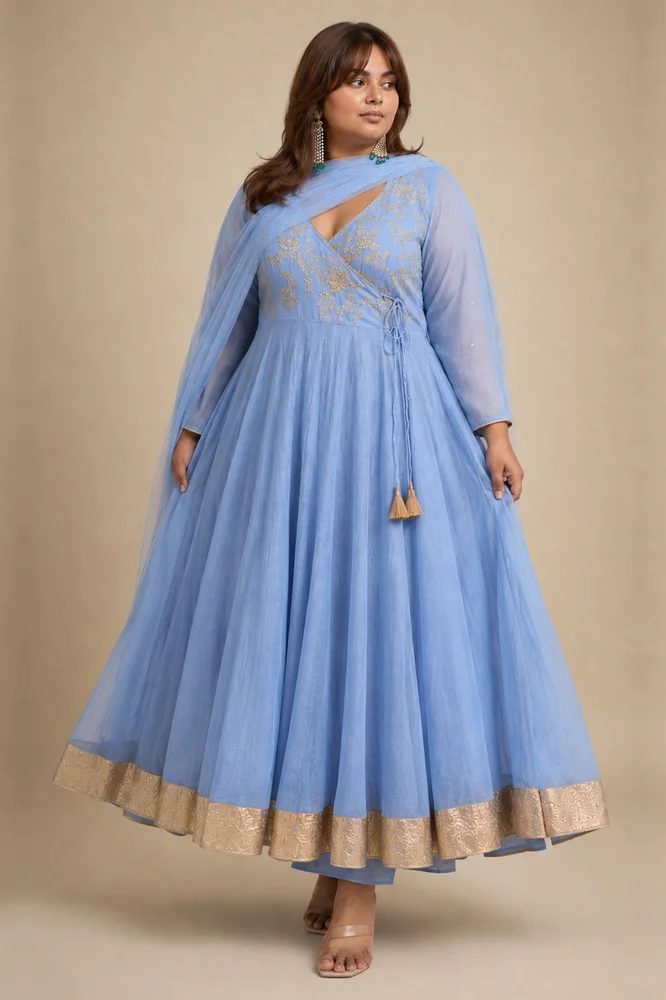 Dusty Blue Angarakha With Embroidered Yoke 3