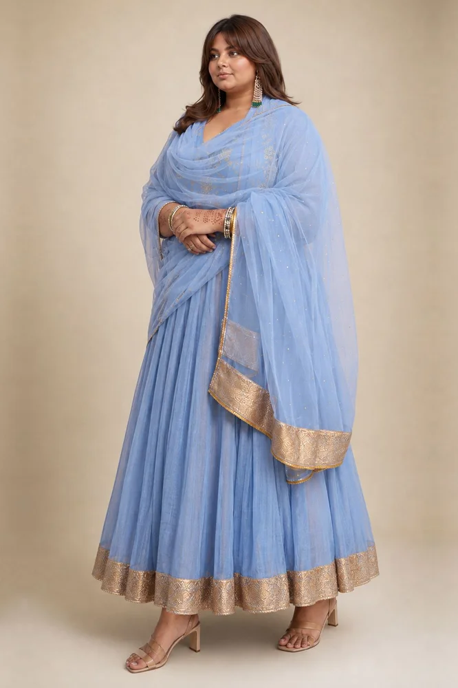Dusty Blue Angarakha With Embroidered Yoke 4