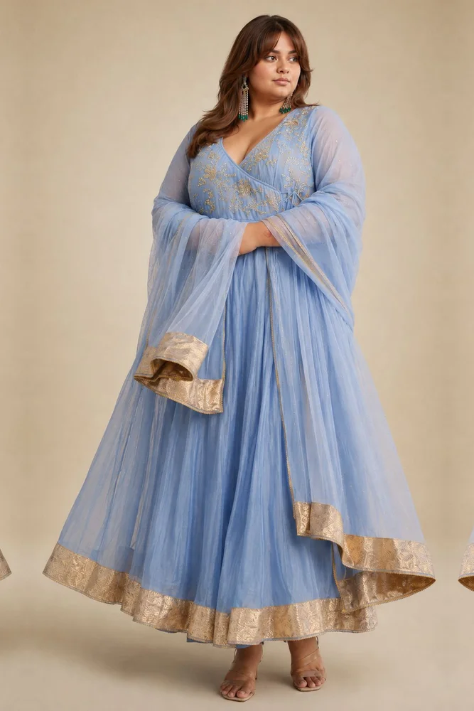 Dusty Blue Angarakha With Embroidered Yoke 5