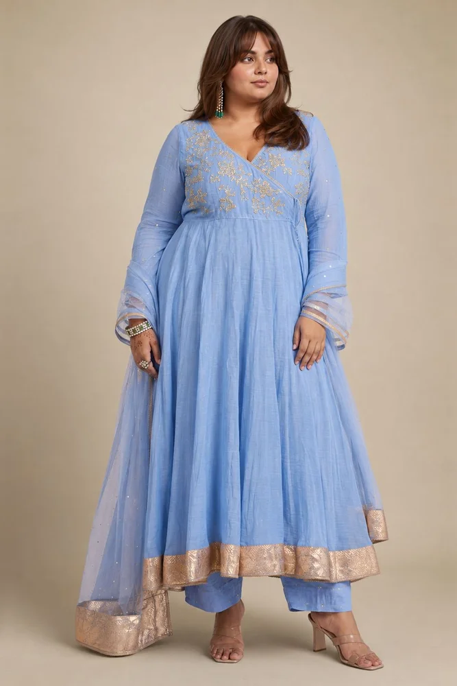 Dusty Blue Angarakha With Embroidered Yoke 7