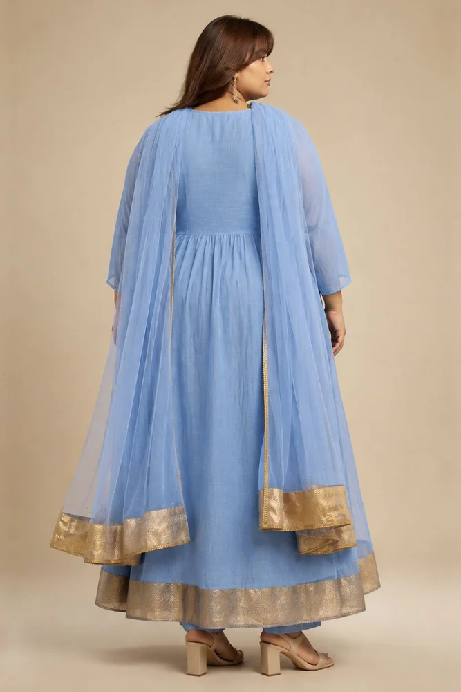 Dusty Blue Angarakha With Embroidered Yoke 6