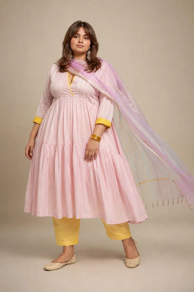 Pink Chanderi Flared Anarkali Set with Ombre Organza Dupatta