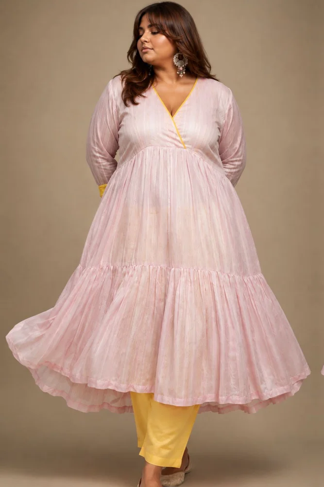Pink Chanderi Flared Anarkali Set with Ombre Organza Dupatta 2