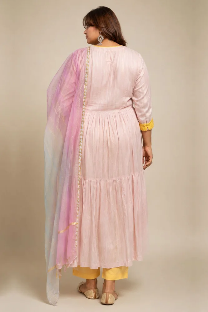 Pink Chanderi Flared Anarkali Set with Ombre Organza Dupatta 4