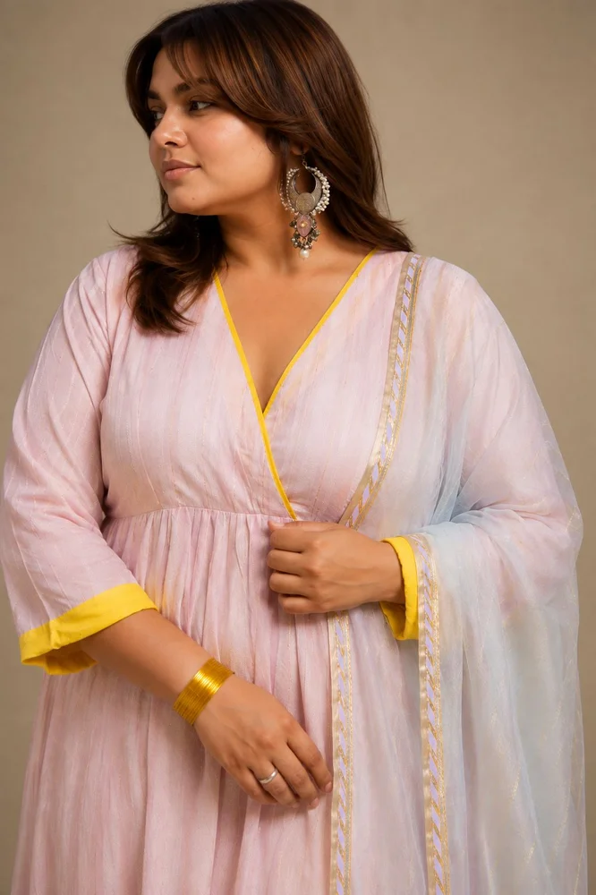 Pink Chanderi Flared Anarkali Set with Ombre Organza Dupatta 3