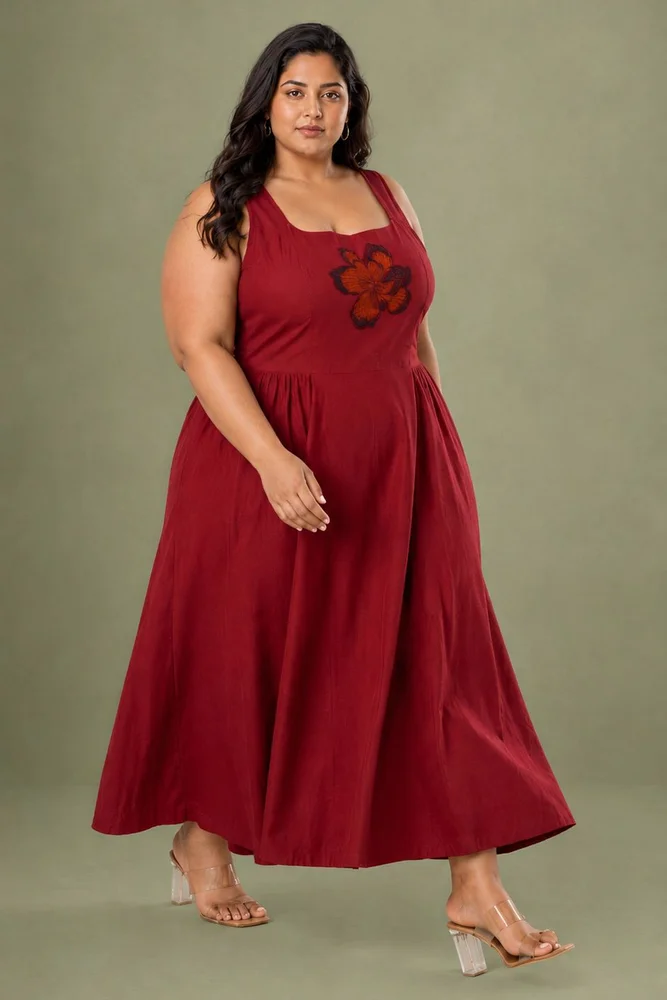 Ruby : Cotton Midi Dress for Women in Maroon | Sleeveless Embroidered Summer Dress 2