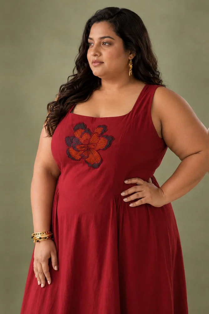 Ruby : Cotton Midi Dress for Women in Maroon | Sleeveless Embroidered Summer Dress 4