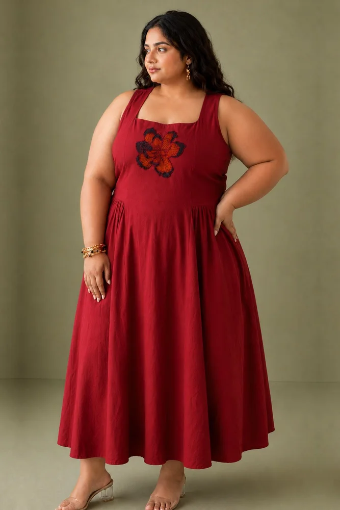Ruby : Cotton Midi Dress for Women in Maroon | Sleeveless Embroidered Summer Dress 3