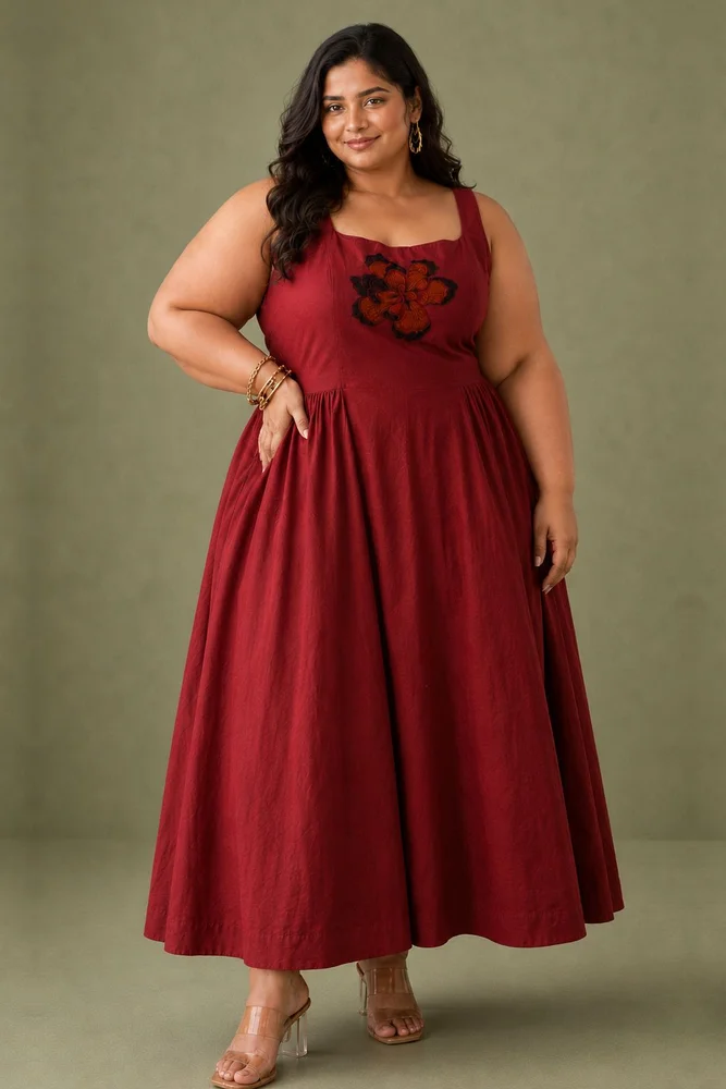 Ruby : Cotton Midi Dress for Women in Maroon | Sleeveless Embroidered Summer Dress