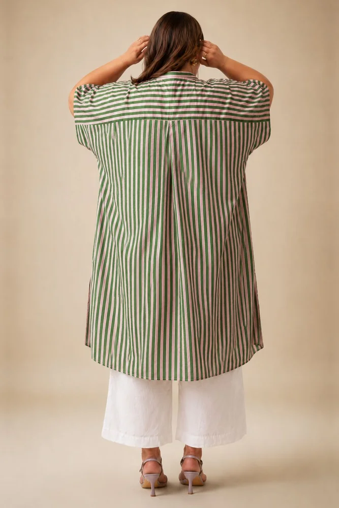 Pink & Green Striped Kaftan With Embroidery Paired With White Pants 5