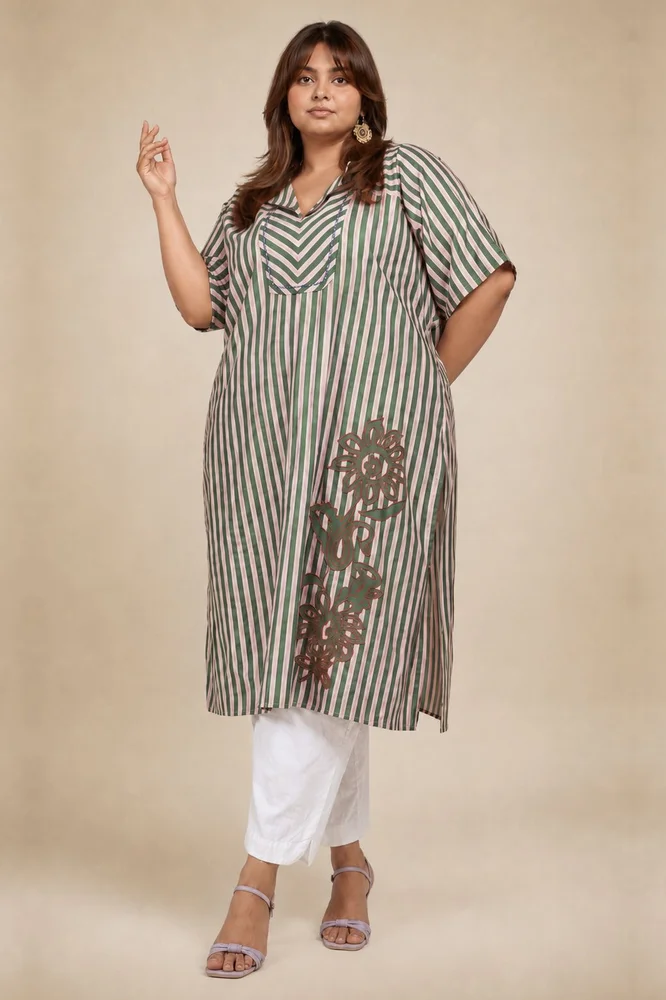 Pink & Green Striped Kaftan With Embroidery Paired With White Pants 2