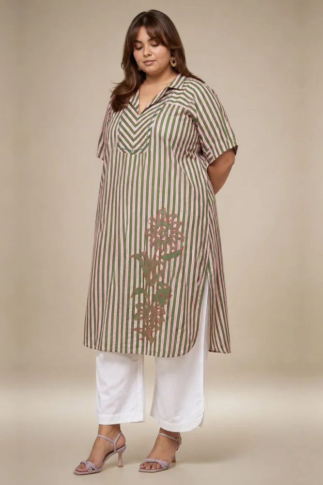 Pink & Green Striped Kaftan With Embroidery Paired With White Pants 3