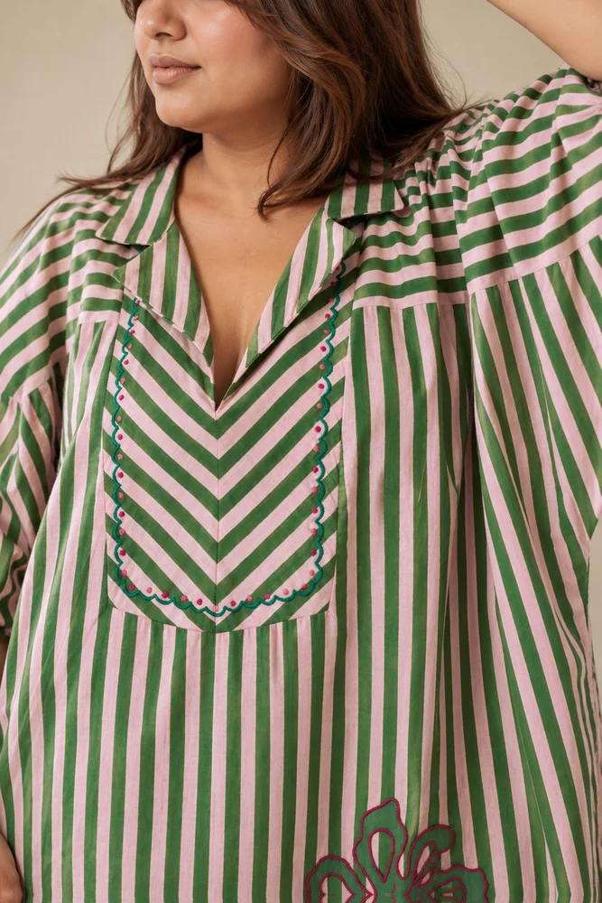 Pink & Green Striped Kaftan With Embroidery Paired With White Pants 4