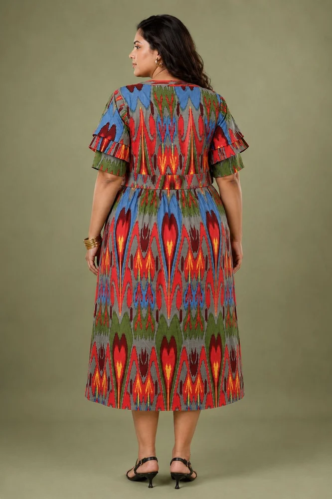 Red Ikat Print Cotton A line Long Dress 4