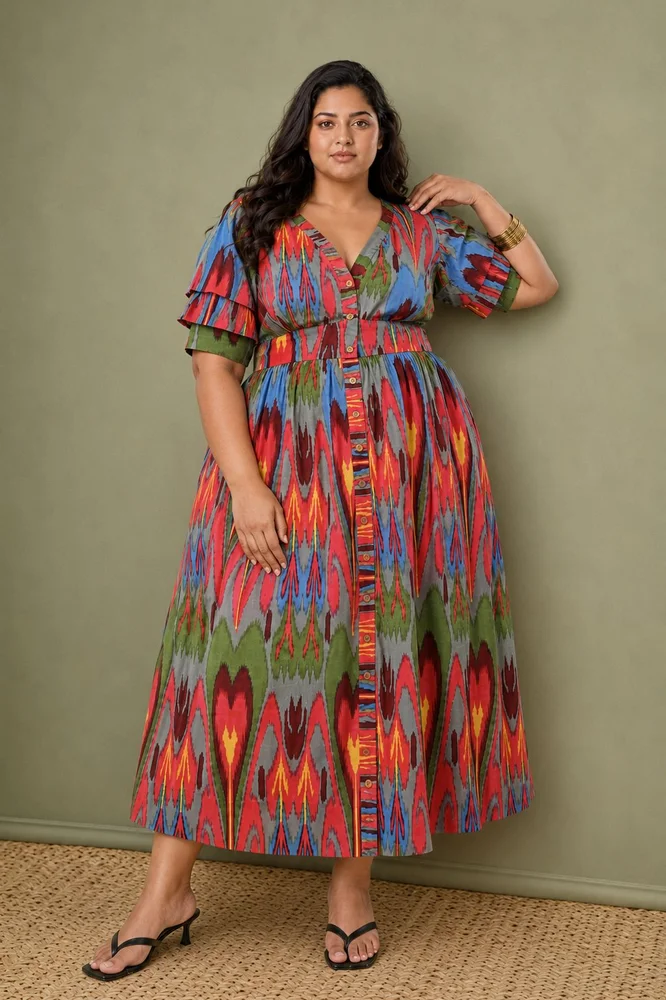 Red Ikat Print Cotton A line Long Dress 5