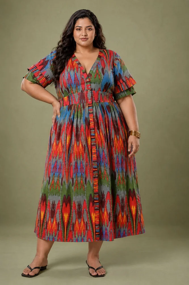 Red Ikat Print Cotton A line Long Dress