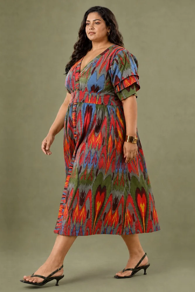 Red Ikat Print Cotton A line Long Dress 2