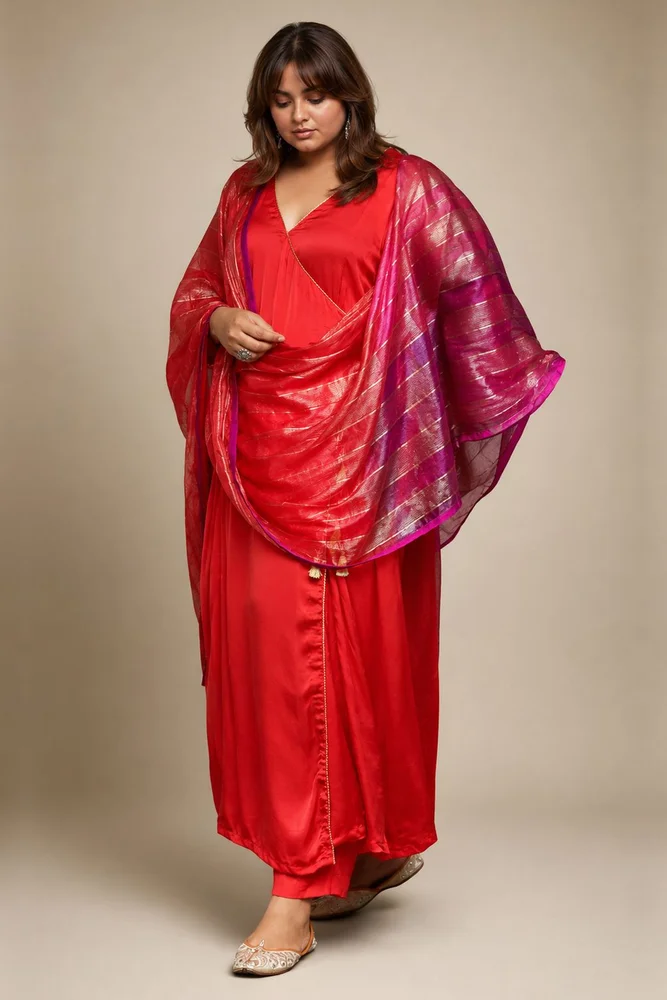 Red Satin Kurta Set with Pink Ombre Organza Dupatta 4