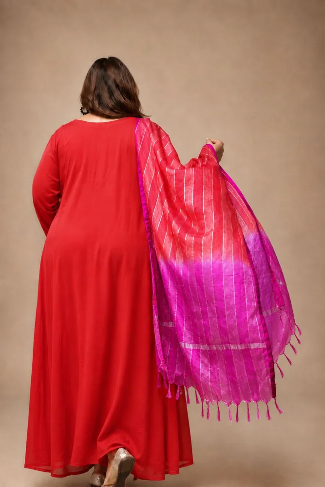 Red Satin Kurta Set with Pink Ombre Organza Dupatta 5