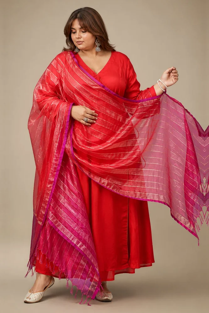 Red Satin Kurta Set with Pink Ombre Organza Dupatta