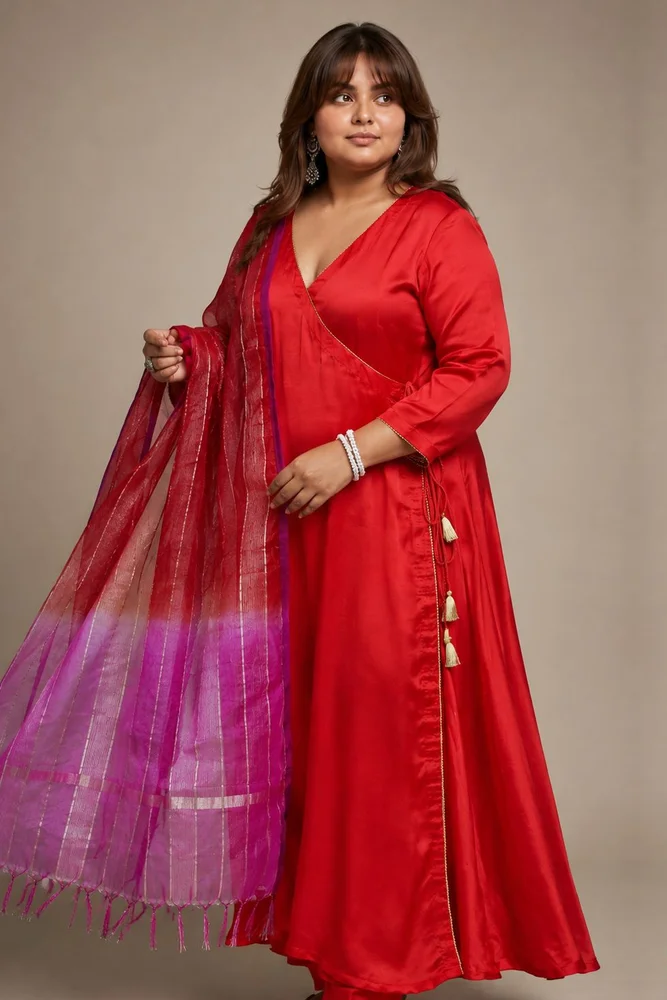 Red Satin Kurta Set with Pink Ombre Organza Dupatta 2