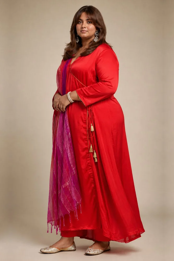 Red Satin Kurta Set with Pink Ombre Organza Dupatta 3