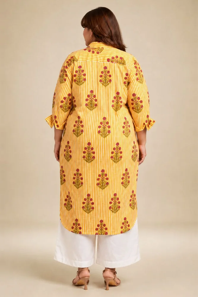 Yellow  Floral Shirt Style Kurta Paired With Curved Hem White Pants 5