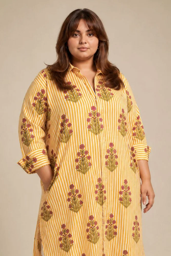 Yellow  Floral Shirt Style Kurta Paired With Curved Hem White Pants 2