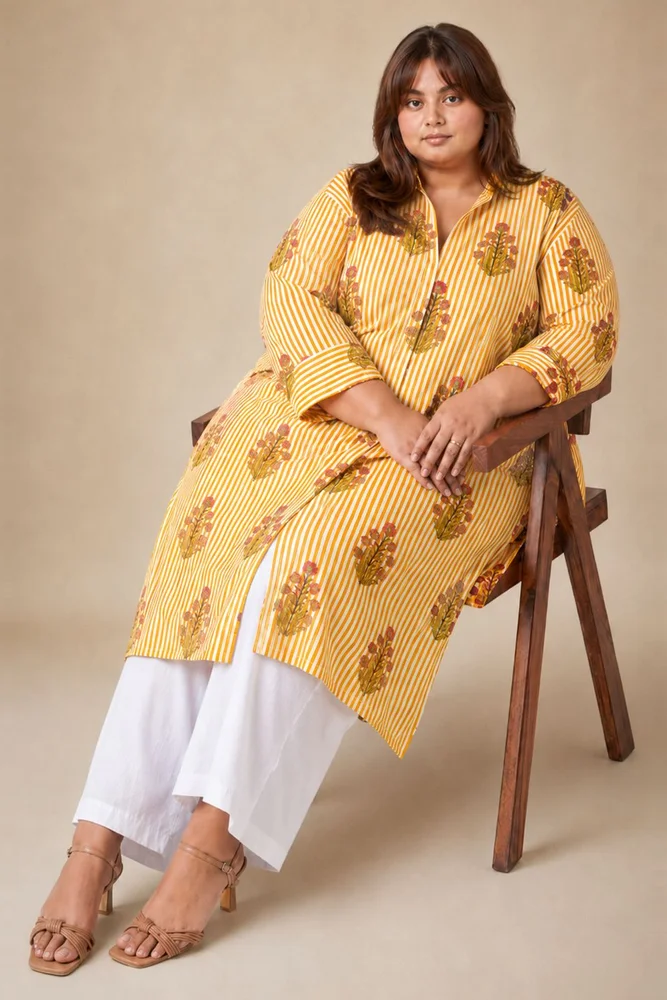 Yellow  Floral Shirt Style Kurta Paired With Curved Hem White Pants 4