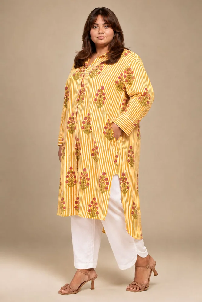 Yellow  Floral Shirt Style Kurta Paired With Curved Hem White Pants 3
