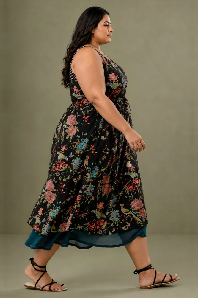 Black Cotton Printed V-Neck Floral Slip Dress 3