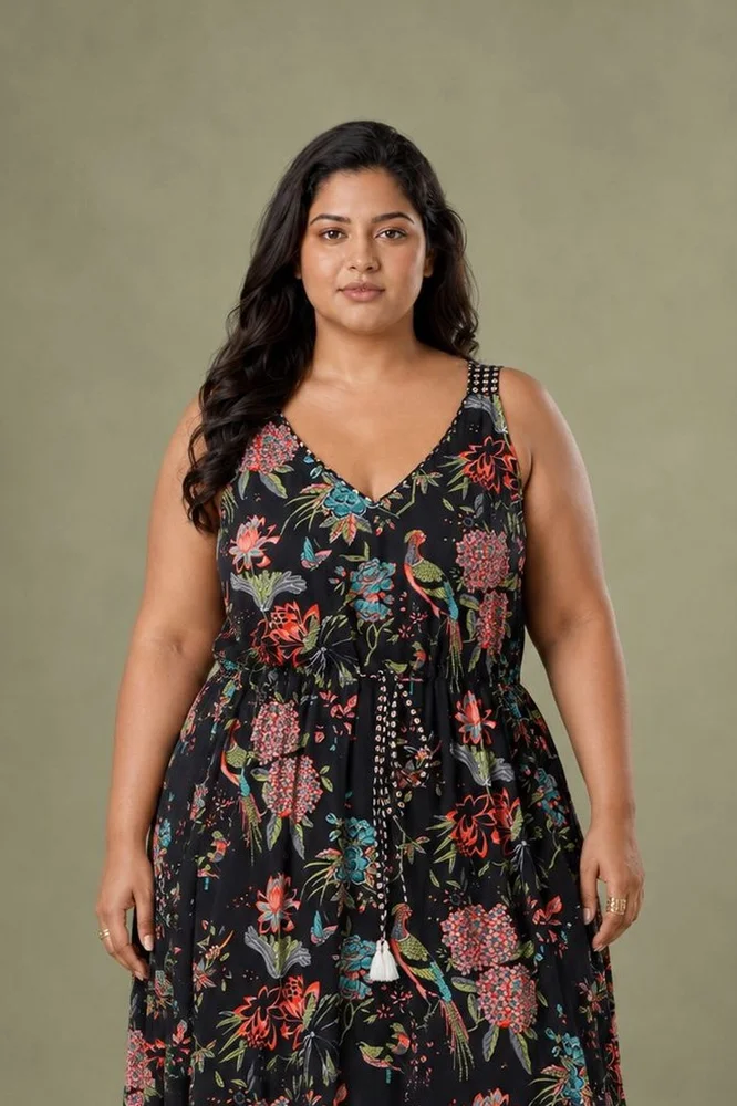 Black Cotton Printed V-Neck Floral Slip Dress 5