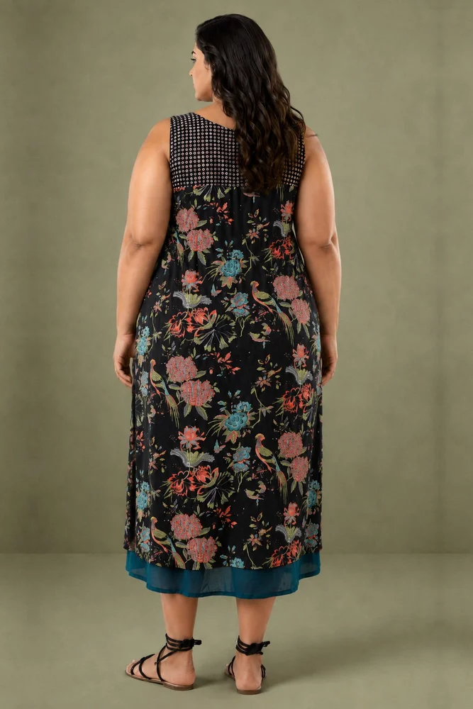 Black Cotton Printed V-Neck Floral Slip Dress 4