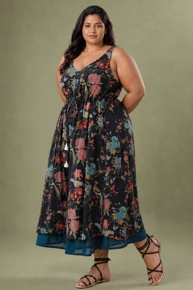 Black Cotton Printed V-Neck Floral Slip Dress 2