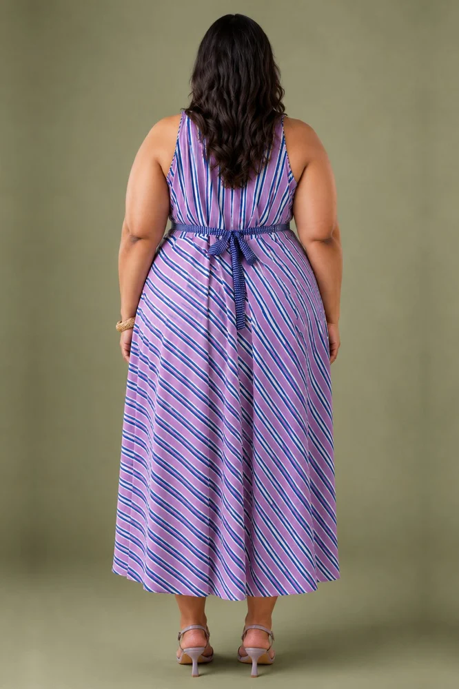 Lileth : Cotton Midi Dress for Women in Lilac & Blue | Striped Dress with Pockets 2