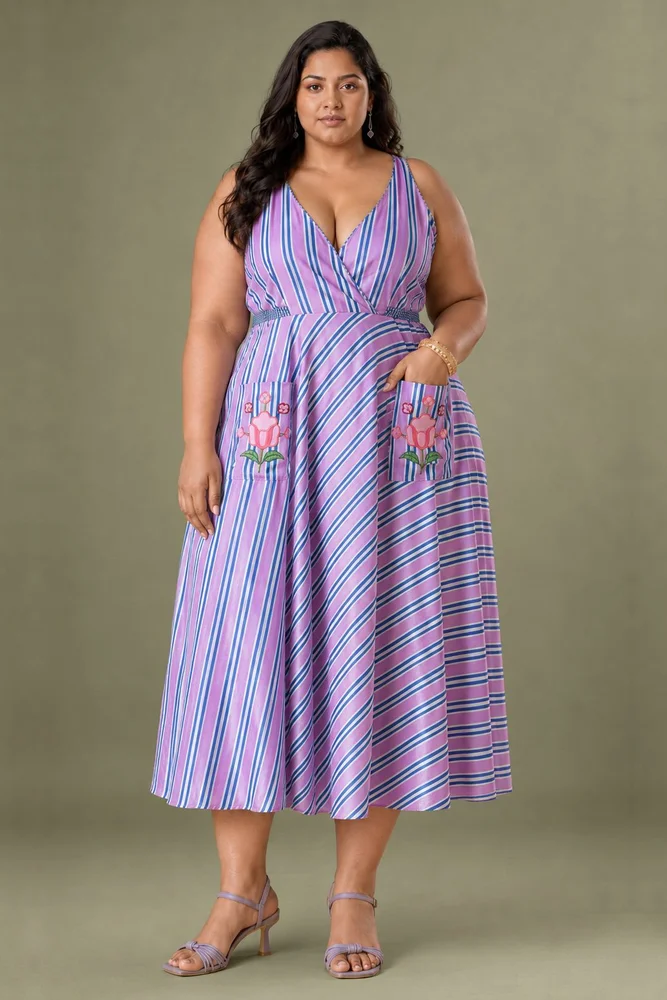 Lileth : Cotton Midi Dress for Women in Lilac & Blue | Striped Dress with Pockets 3