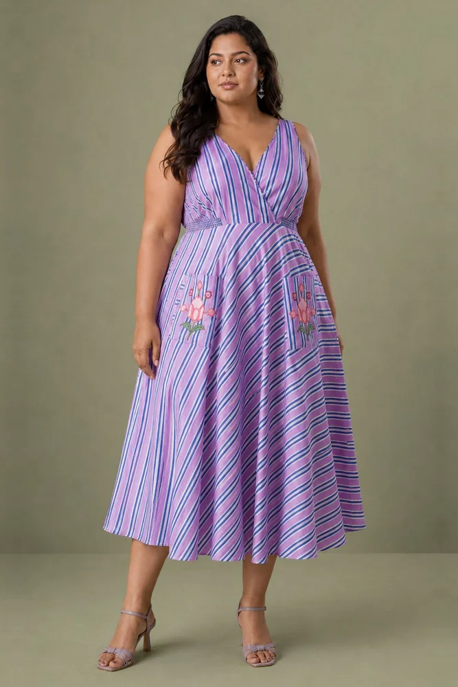 Lileth : Cotton Midi Dress for Women in Lilac & Blue | Striped Dress with Pockets