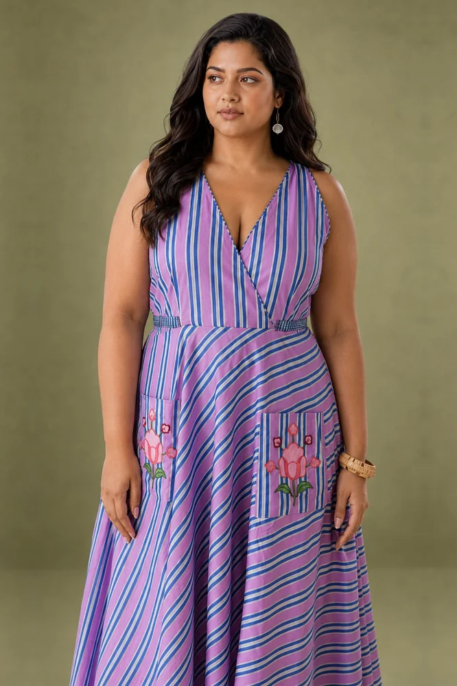 Lileth : Cotton Midi Dress for Women in Lilac & Blue | Striped Dress with Pockets 4