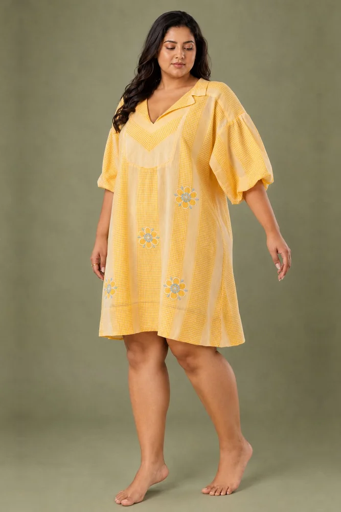 Yellow Check Short Dress With Floral Embroidery Detail 2