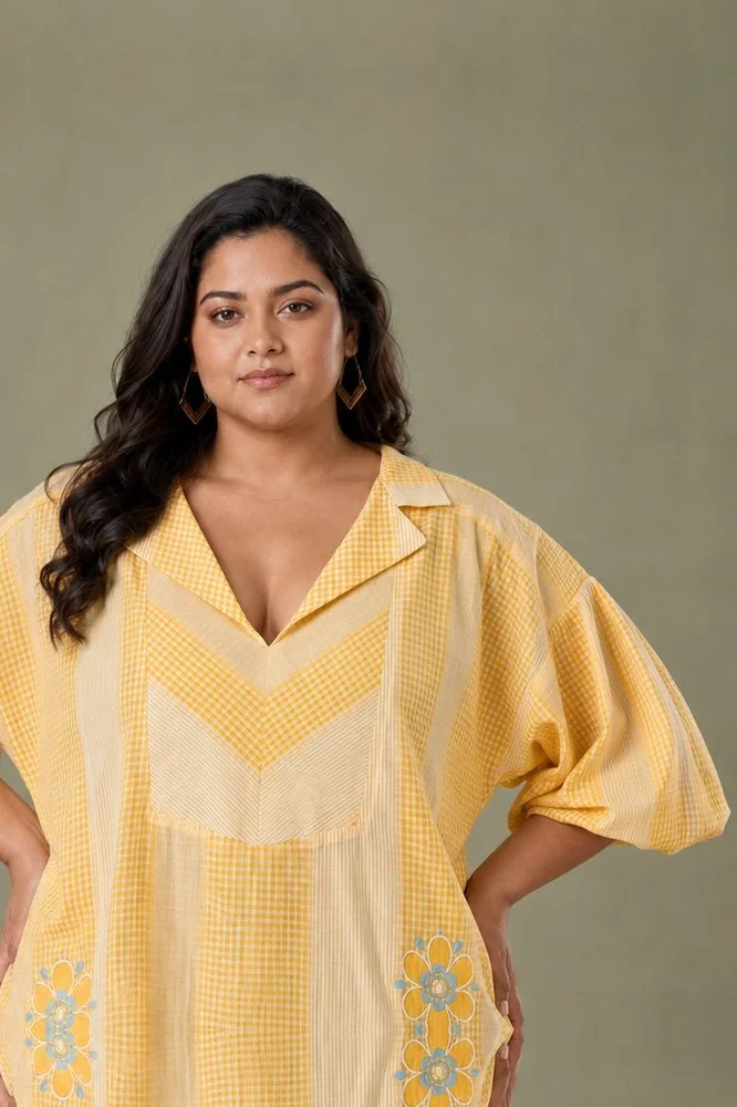 Yellow Check Short Dress With Floral Embroidery Detail 4