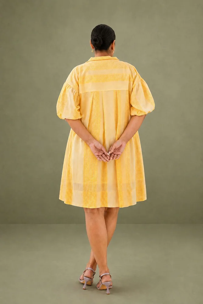 Yellow Check Short Dress With Floral Embroidery Detail 3