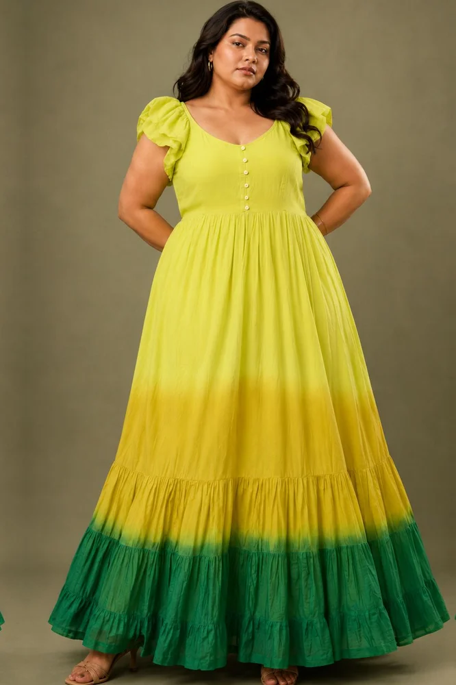 Lime Green Cotton Voile Ombre Flared Maxi Dress 2