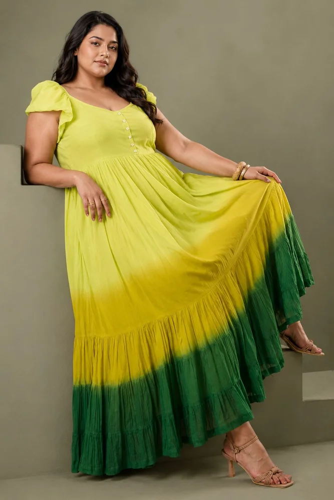 Lime Green Cotton Voile Ombre Flared Maxi Dress 3