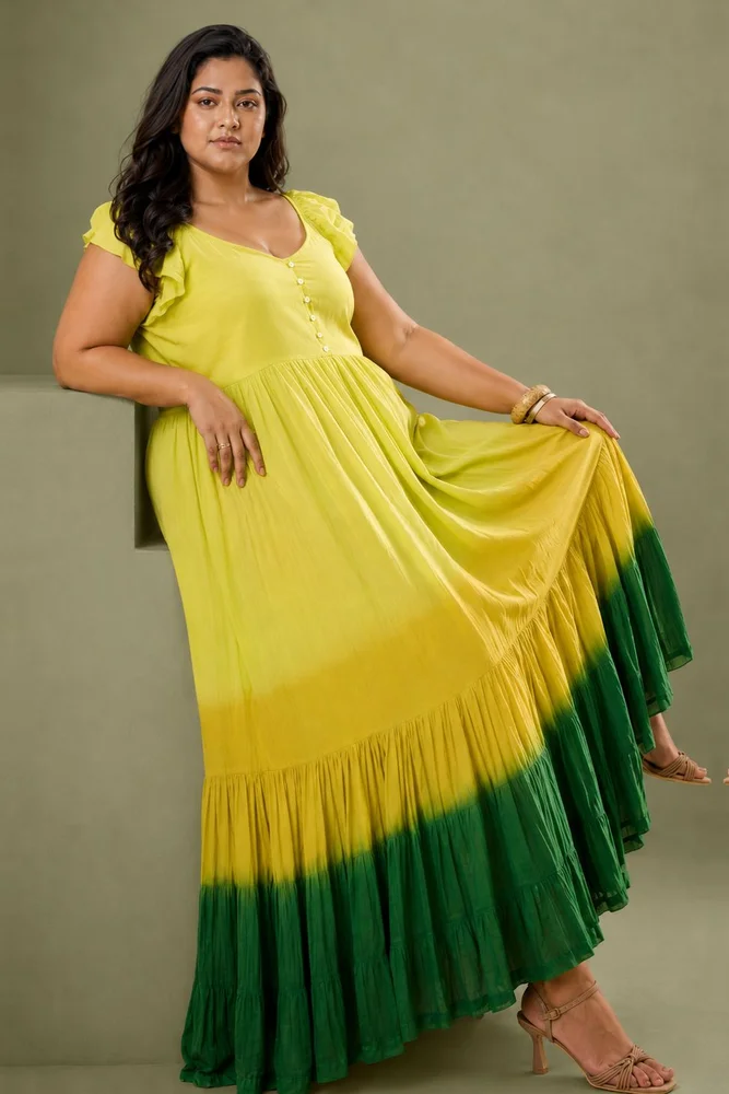 Lime Green Cotton Voile Ombre Flared Maxi Dress 5