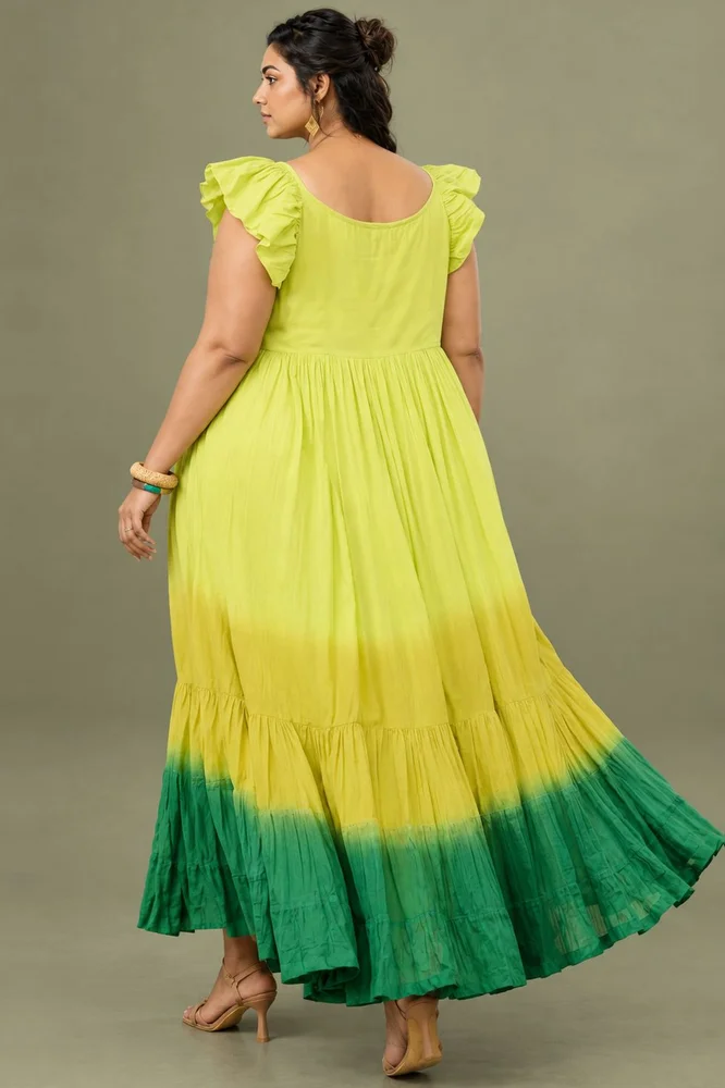 Lime Green Cotton Voile Ombre Flared Maxi Dress 4
