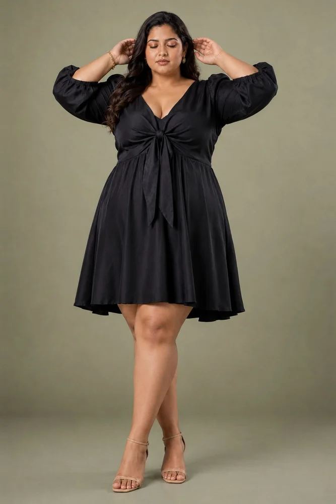 Black V-Neck Short Party Dress with Balloon Sleeves 3