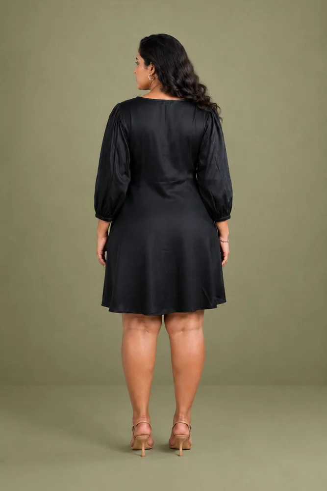 Black V-Neck Short Party Dress with Balloon Sleeves 2